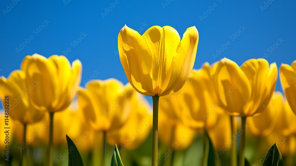 Obraz premium A field of vibrant yellow tulips against a clear blue sky, showcasing nature's beauty.