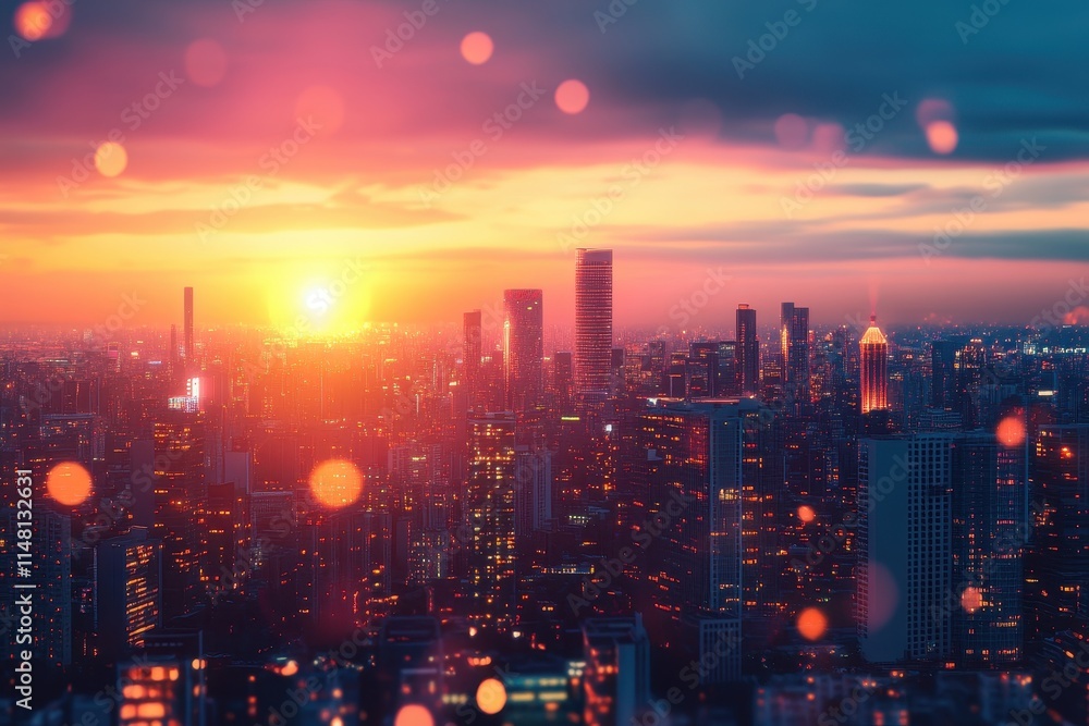 Fototapeta premium City skyline illuminated by vibrant sunset over tall buildings during evening hours