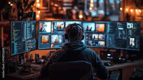 Video editor working on a multi-screen setup in a cozy and creative home office with warm lighting