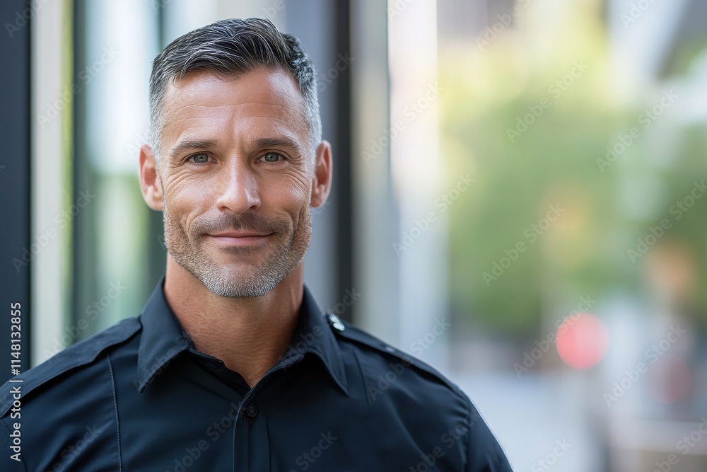 A cheerful police officer smiles gently at the camera, creating a friendly atmosphere that fosters trust and connection with the community he serves professionally. A cheerful police officer smiles gently at the camera, creating a friendly atmosphere that fosters trust and connection with the community he serves professionally.