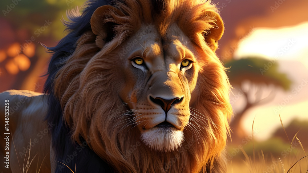 Fototapeta premium Majestic Lion in the Golden Afternoon A Hyper-Realistic Portrait