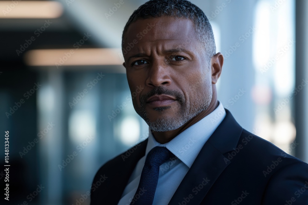 A serious and determined man wearing business attire gazes confidently, capturing a sense of authority and professionalism in a modern corporate environment. A serious and determined man wearing business attire gazes confidently, capturing a sense of authority and professionalism in a modern corporate environment.