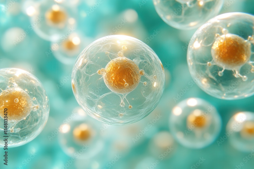 Close-up view of spherical cells with a nucleus, illustrating biological structures. Close-up view of spherical cells with a nucleus, illustrating biological structures.