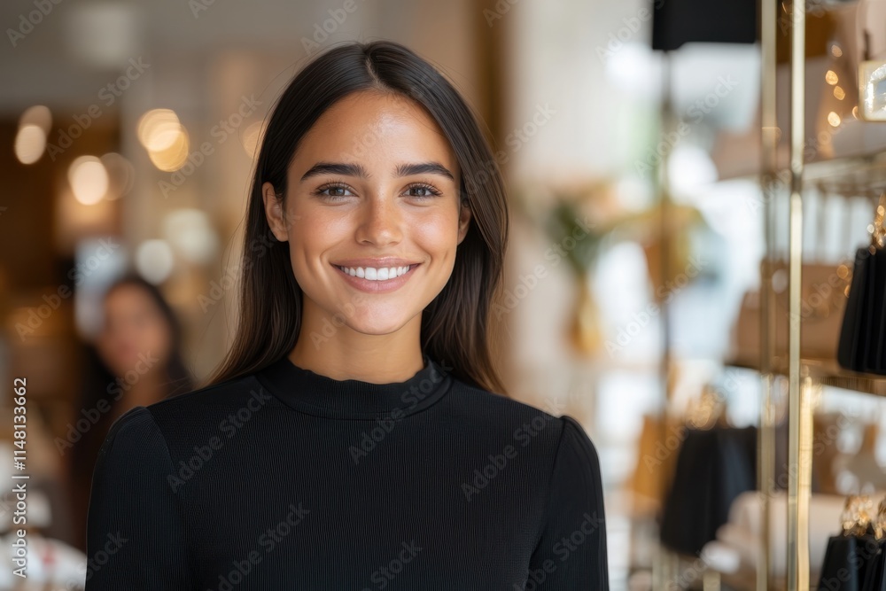 A young woman is smiling brightly in an elegant fashion retail environment, showcasing the latest trends and styles with a positive and welcoming vibe. A young woman is smiling brightly in an elegant fashion retail environment, showcasing the latest trends and styles with a positive and welcoming vibe.