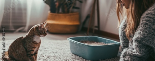 Wallpaper Mural An image of a litter box on carpet and a woman with a cat at home, close-up Torontodigital.ca