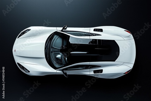 Top view of a sleek white sports car with aerodynamic design and black accents.