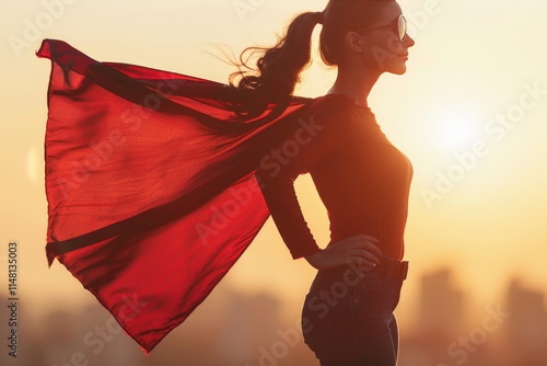 Woman standing boldly against sunset with flowing red scarf and confident posture in urban setting