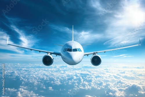 A commercial airplane flying above the clouds with a clear blue sky and wispy clouds in the background.