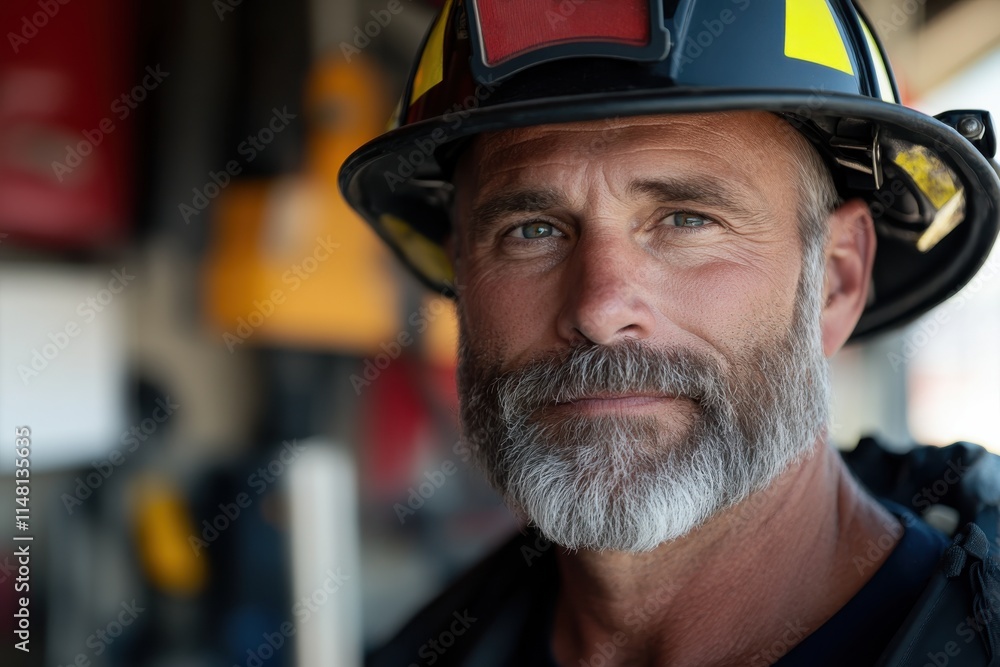 An experienced firefighter stands proudly in full gear, ready for action, embodying bravery and resilience in the face of firefighting challenges. An experienced firefighter stands proudly in full gear, ready for action, embodying bravery and resilience in the face of firefighting challenges.