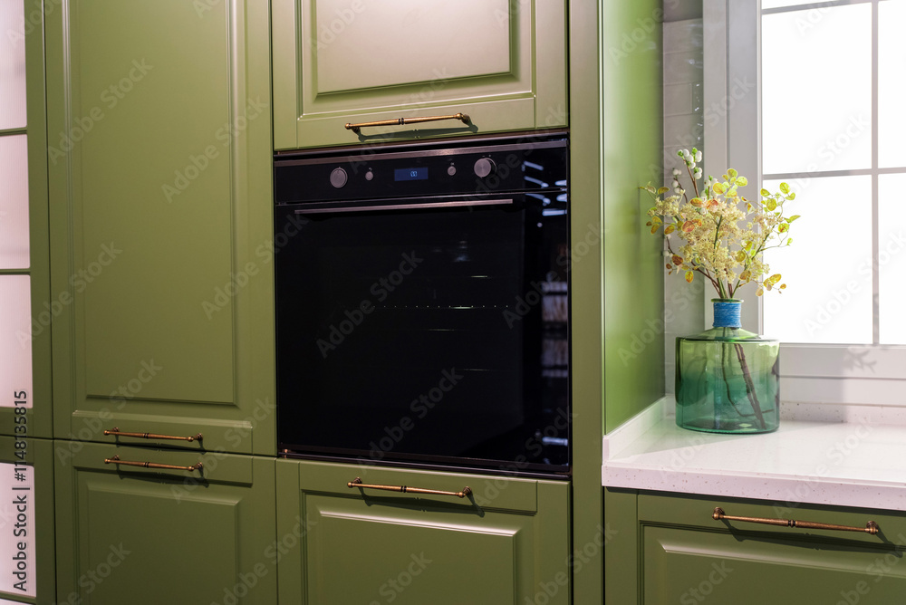 Modern black built-in electric oven in a green kitchen Modern black built-in electric oven in a green kitchen
