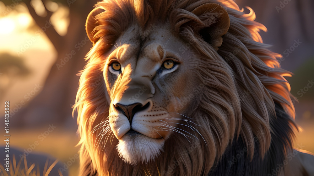Fototapeta premium Majestic Lion in the Golden Afternoon A Hyper-Realistic Portrait