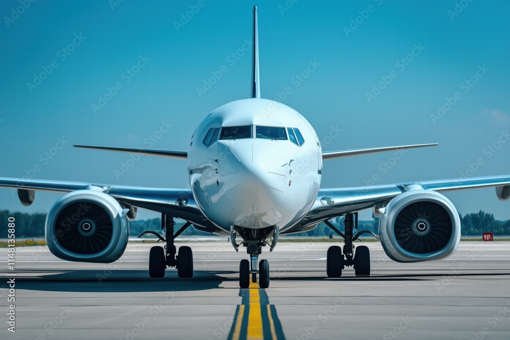 Fototapeta premium A modern passenger airplane on the runway, facing the camera with clear blue skies in the background. The aircraft features large engines and a sleek design, emphasizing aviation technology.