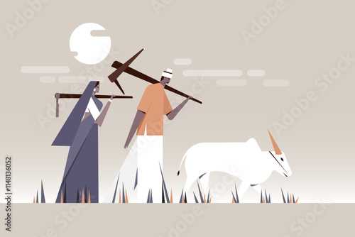 Illustration of an Indian Farmer and wife walking along with a bullock in the farm