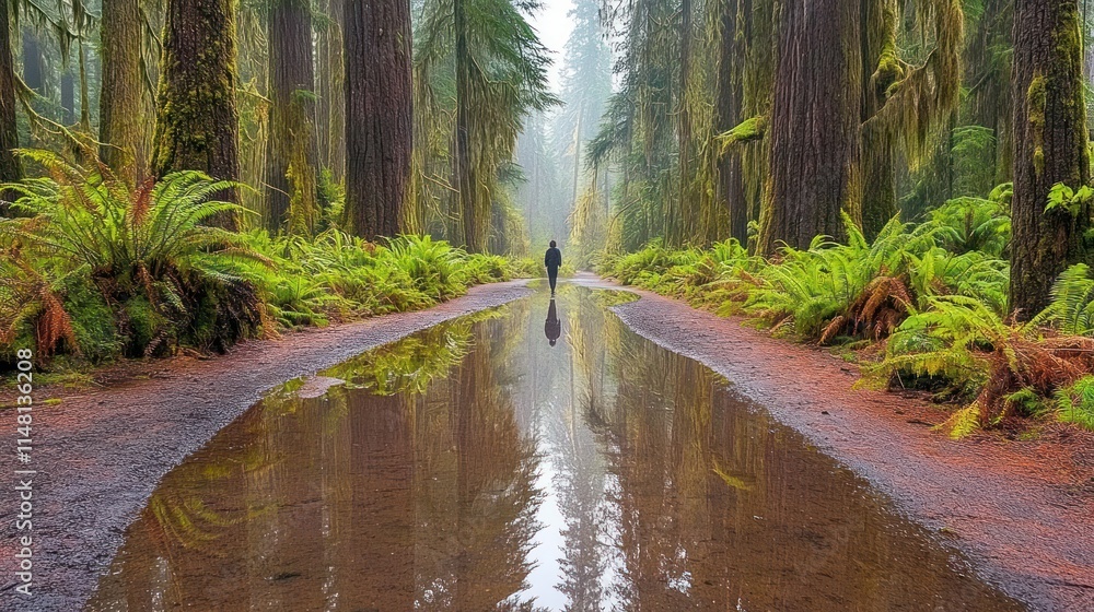 Obraz premium Person walking on a forest road reflected in a puddle.