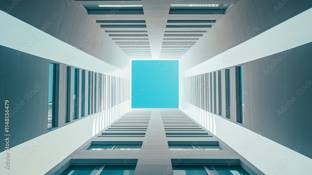 A modern architectural view looking up at a square opening framed by tall buildings. A modern architectural view looking up at a square opening framed by tall buildings.