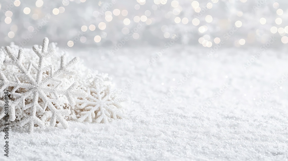 White snowflakes on snowy surface with bokeh lights. White snowflakes on snowy surface with bokeh lights.