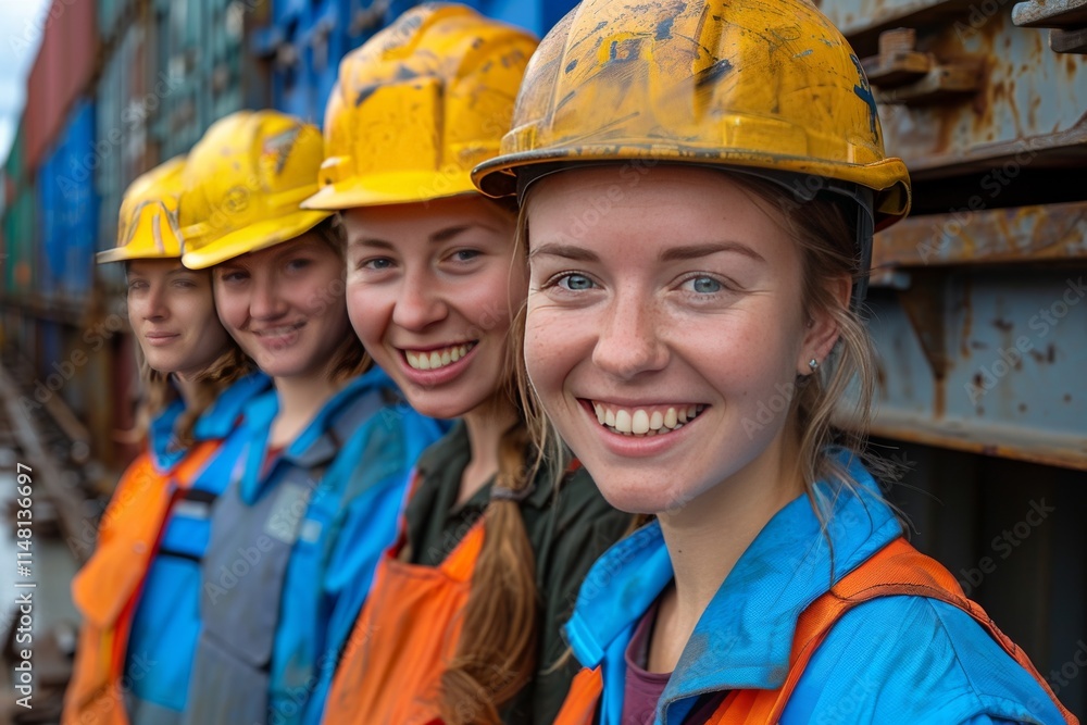 Group of women workers smiling together at a shipping yard during daylight Group of women workers smiling together at a shipping yard during daylight