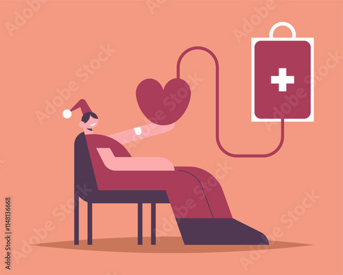 Santa Girl in a medical facility with medical equipment donates blood. Festive decor of the clinic. Flat vector illustration.