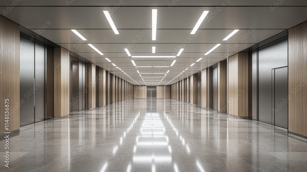 Fototapeta premium A modern corridor with polished floors and wooden accents, designed for commercial use.