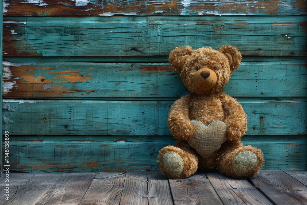 Obraz premium Soft teddy bear with heart-shaped cushion resting against a worn wooden backdrop in a cozy setting