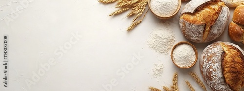 Bread and Flour Spread Across a White Table, Ideal for Bakery Product Presentation. AI generated illustration
