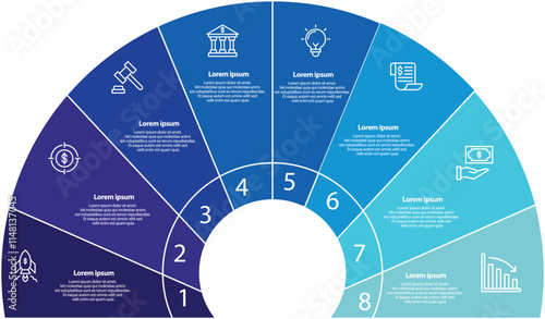 Collection of vector semi circle chart infographic templates for presentations, advertising, layouts, annual reports. 8 options, steps, parts	