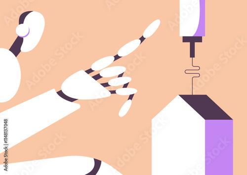 House 3d printing with AI Robot. Making a house model on a 3d printer. Flat vector illustration.