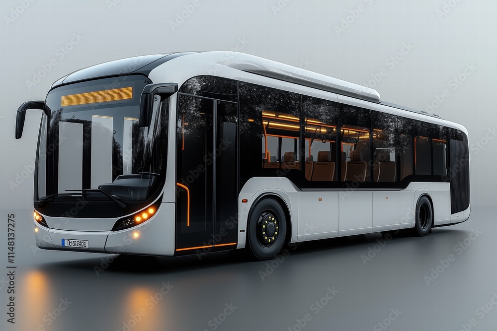 A modern, sleek bus design with a white and black exterior. The bus features large windows, stylish lighting, and a streamlined shape, set against a neutral background. A modern, sleek bus design with a white and black exterior. The bus features large windows, stylish lighting, and a streamlined shape, set against a neutral background.