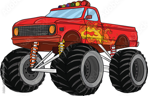 Red Monster Truck with Flame Patterns. Art & Illustration