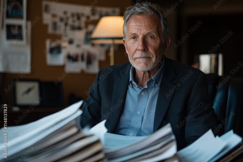 A mature professional man sits at a desk cluttered with papers, exuding wisdom and composure in a busy office environment, demonstrating focus and leadership. A mature professional man sits at a desk cluttered with papers, exuding wisdom and composure in a busy office environment, demonstrating focus and leadership.