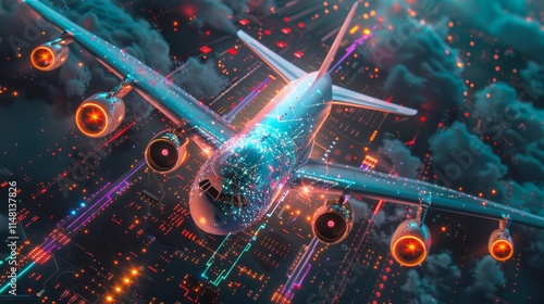 Airplane flying in circuit board with futuristic light photo