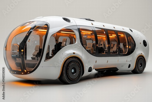 A futuristic, transparent bus design featuring a sleek, rounded shape with large windows and orange accents. The interior showcases modern seating arrangements and advanced technology.