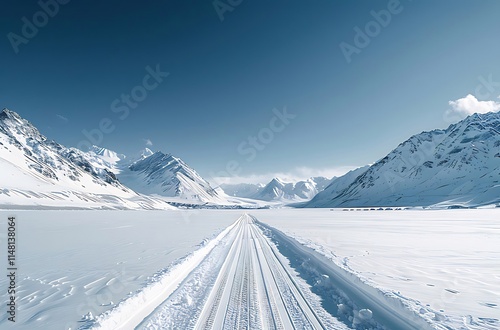 Snowy road cutting through a vast, snow-covered landscape, leading to distant mountains under a clear blue sky. photo