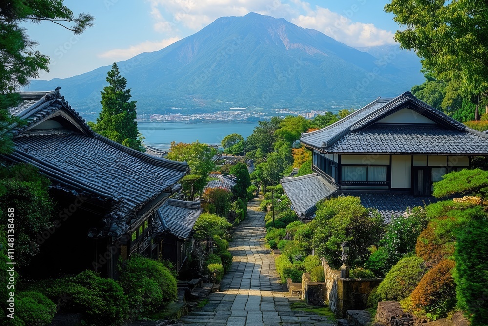 Traditional japanese houses leading to mount fuji and lake kawaguchiko Traditional japanese houses leading to mount fuji and lake kawaguchiko