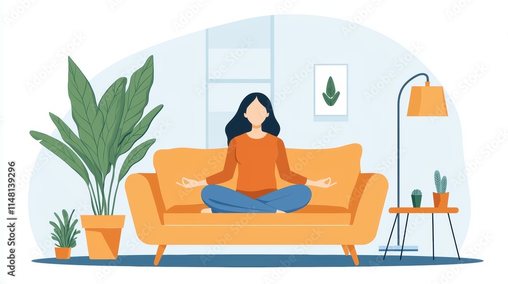 Fototapeta premium Emotional support and therapy as foundations for self-care A woman meditates peacefully on an orange sofa surrounded by plants and decor.