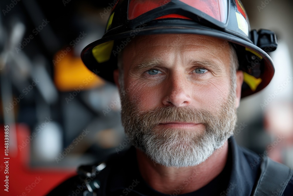 A rugged firefighter with a well-groomed beard poses confidently in full protective gear, exemplifying bravery and dedication in serving the community amid a fire station backdrop. A rugged firefighter with a well-groomed beard poses confidently in full protective gear, exemplifying bravery and dedication in serving the community amid a fire station backdrop.