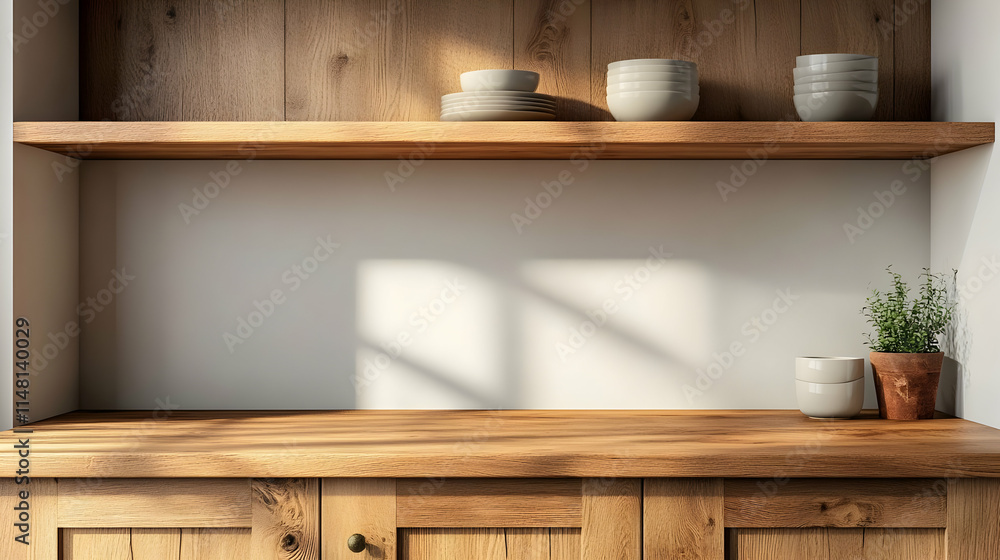 A minimalist wooden shelf display with dishes and a plant, emphasizing simplicity and design. A minimalist wooden shelf display with dishes and a plant, emphasizing simplicity and design.