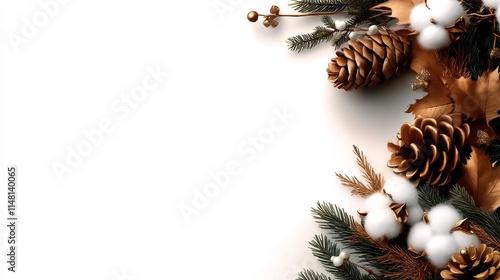 Golden Christmas Pine Cones and Cotton Flowers Festive Border on White Background