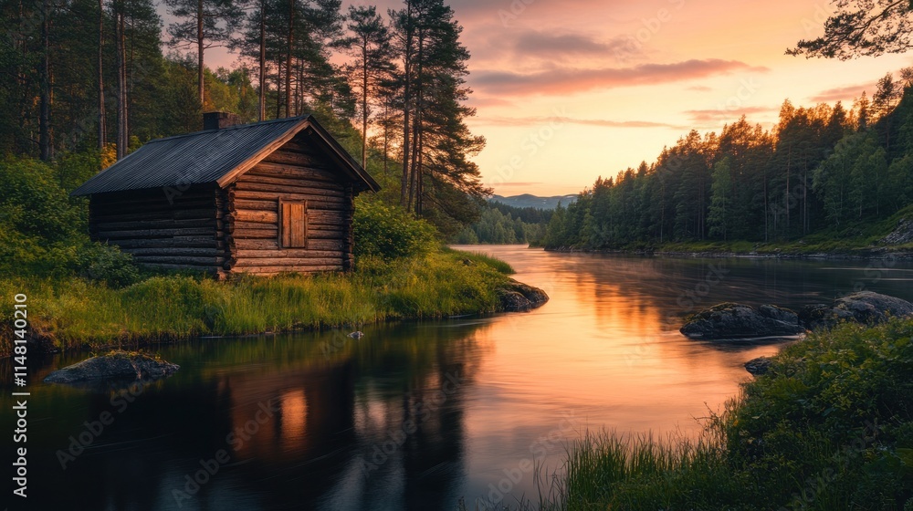 Fototapeta premium Sunset over tranquil river, reflecting golden light on calm water, with rustic wooden cabin nestled in lush green forest.