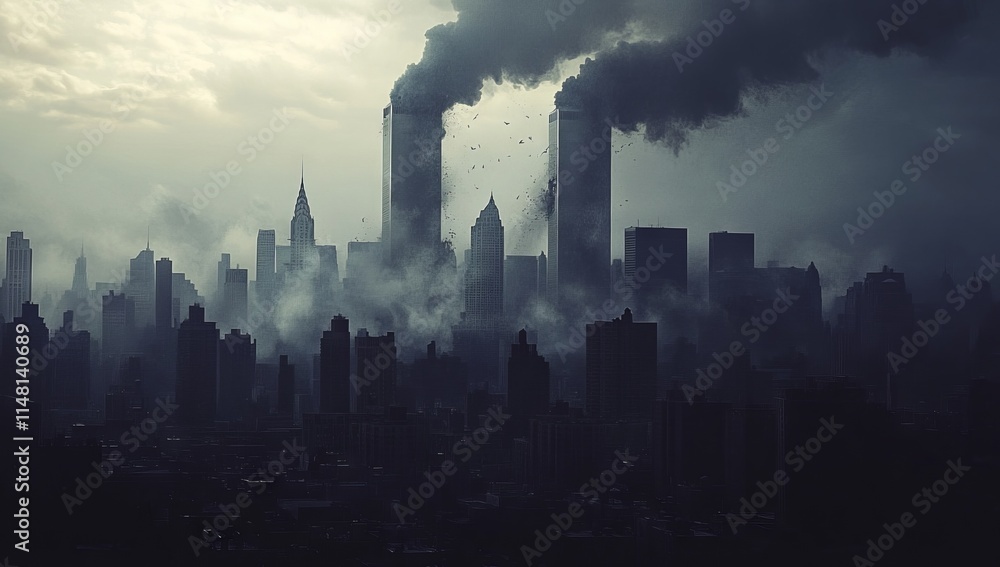 Dramatic Depiction of Twin Towers Explosion with Ominous City Skyline. AI generated illustration Dramatic Depiction of Twin Towers Explosion with Ominous City Skyline. AI generated illustration