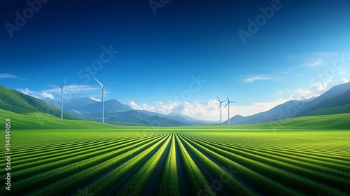 Eco-friendly green landscape with wind turbines and fields.