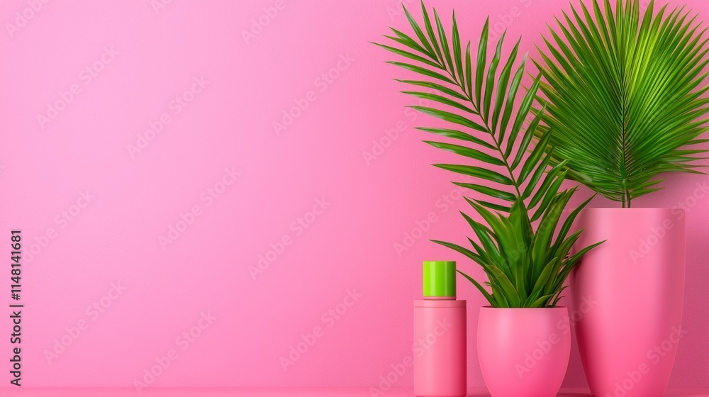 Pink Cosmetics Mockup Skincare Product Packaging Design with Tropical Plants Pink Cosmetics Mockup Skincare Product Packaging Design with Tropical Plants