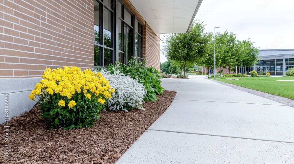 Modern building exterior with landscaped walkway, yellow and white flowers, brick wall, and green lawn. Modern building exterior with landscaped walkway, yellow and white flowers, brick wall, and green lawn.