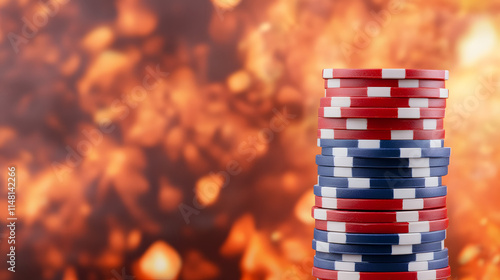 Poker chips stacked on a table with flames in the background, creating a dramatic and intense atmosphere that captures the excitement and high stakes of a casino poker game. 