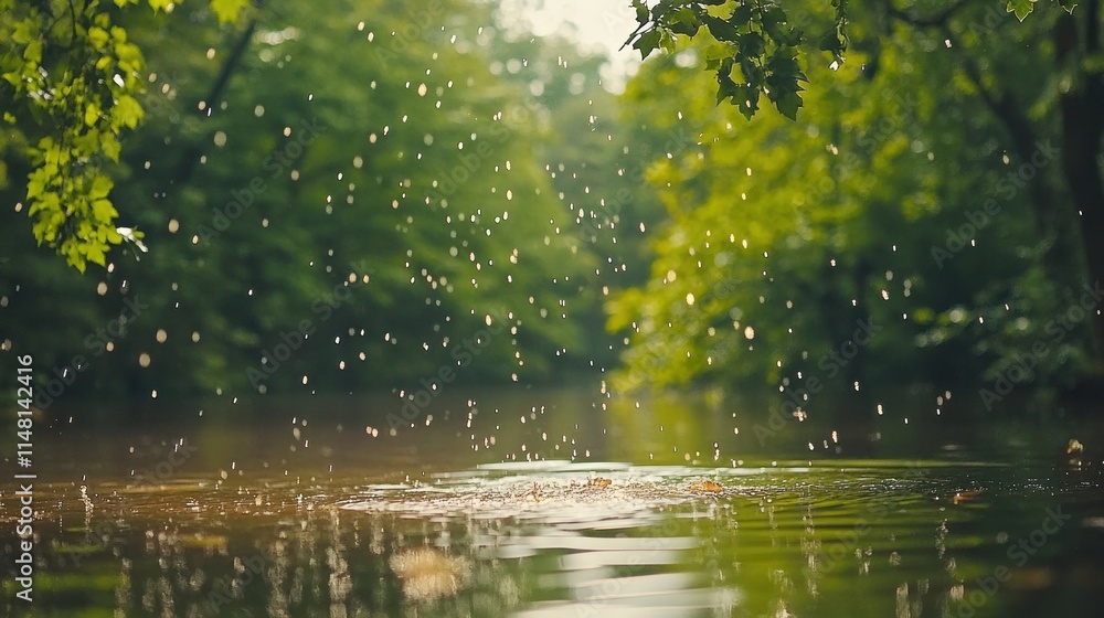 Raindrops falling on calm river water in lush green forest. Raindrops falling on calm river water in lush green forest.