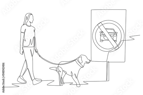 Woman walking with her dog in car free zone area. Car free zones concept one-line drawing