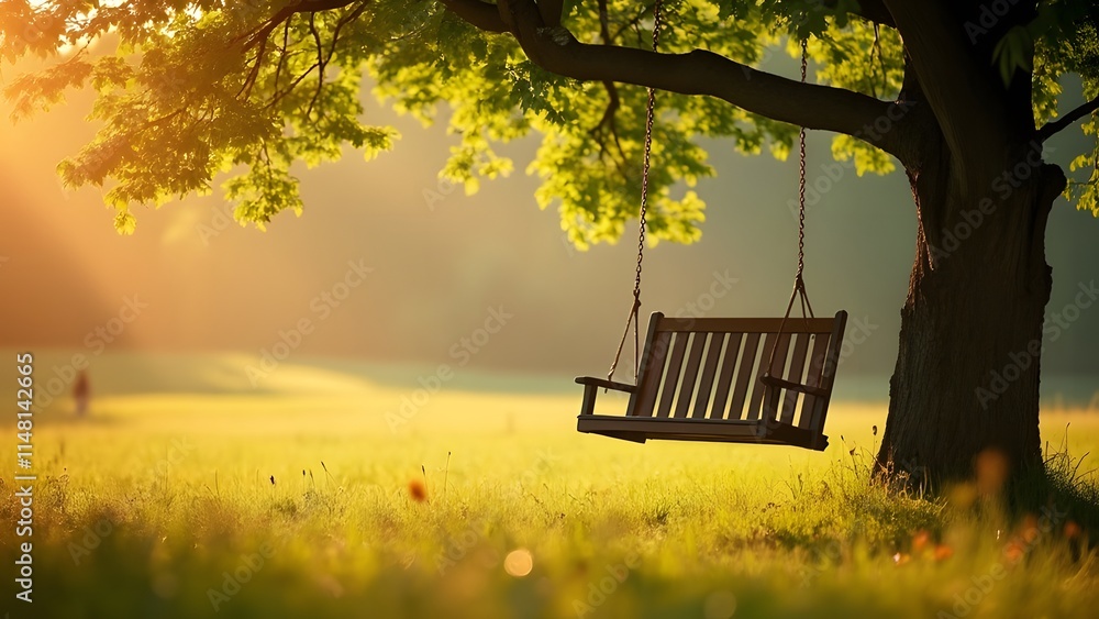 Wooden swing hanging on a tree in the park at sunset. generated by AI