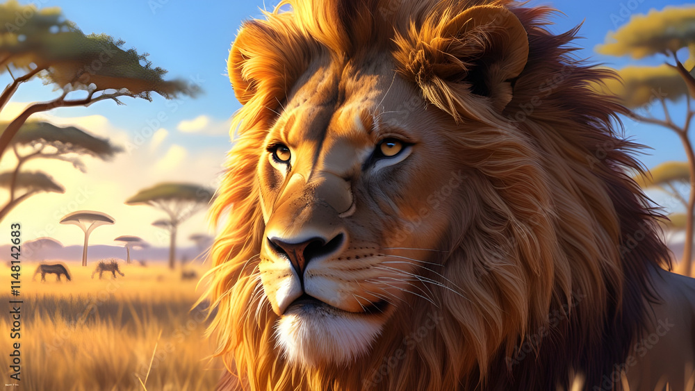 Fototapeta premium Majestic Lion in the Golden Afternoon A Hyper-Realistic Portrait