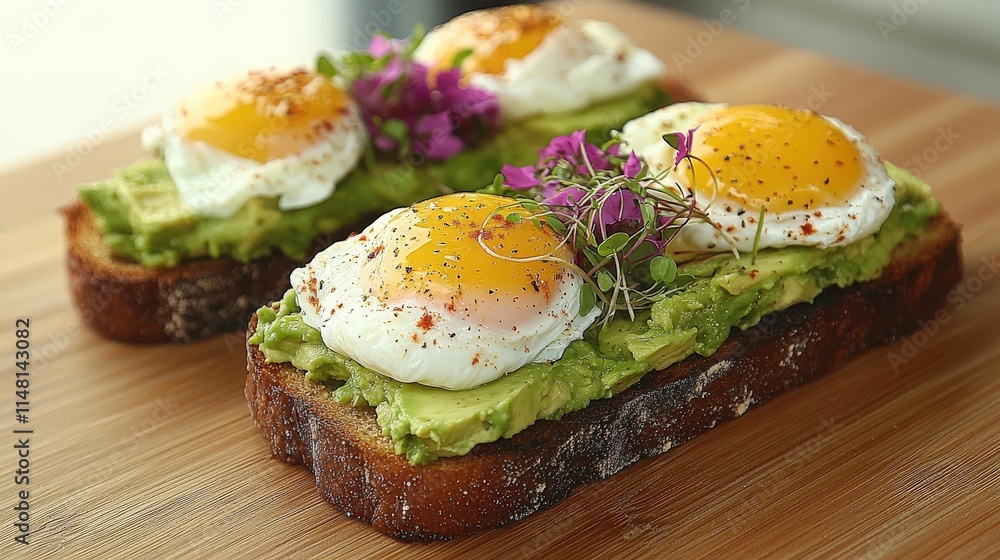 Delicious avocado toast topped with perfectly poached eggs, garnished with microgreens and spices. A gourmet breakfast or brunch food photography. Delicious avocado toast topped with perfectly poached eggs, garnished with microgreens and spices. A gourmet breakfast or brunch food photography.