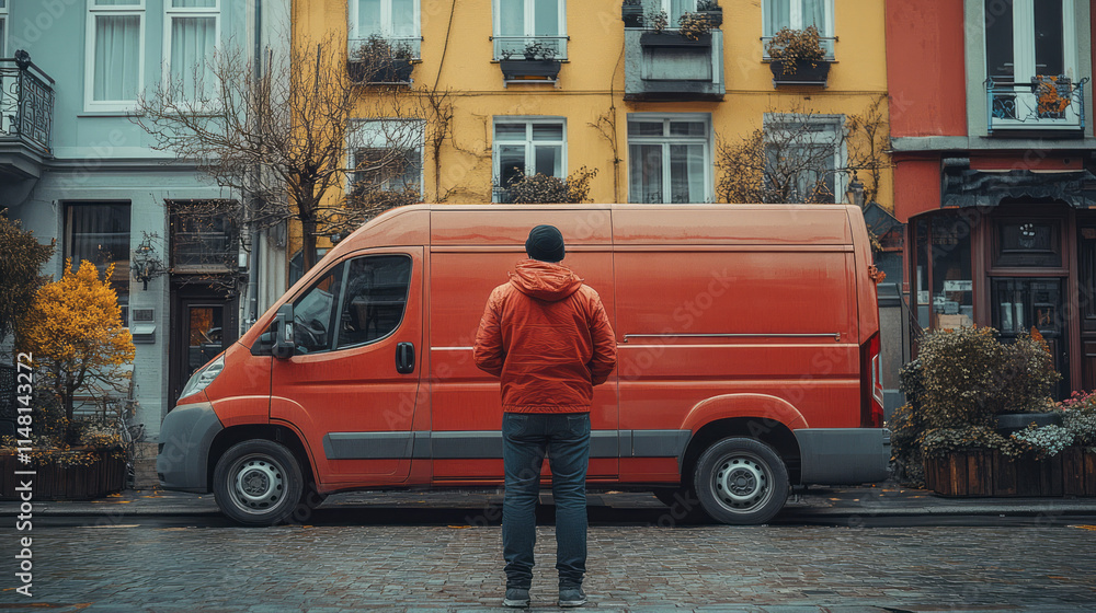 Fototapeta premium A journalist standing in front of a news van, delivering a report,
